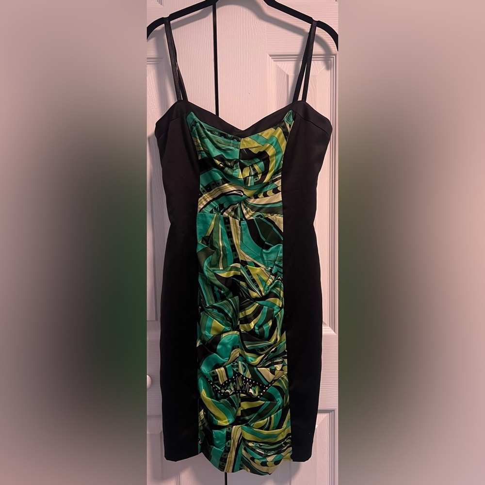 Women's Vintage Bebe Sleeveless Green and Black Silk Bodycon Dress
